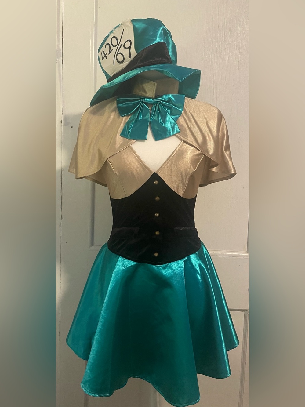 Leg Avenue Teal and Gold Satin Mad Hatter Costume Dress
